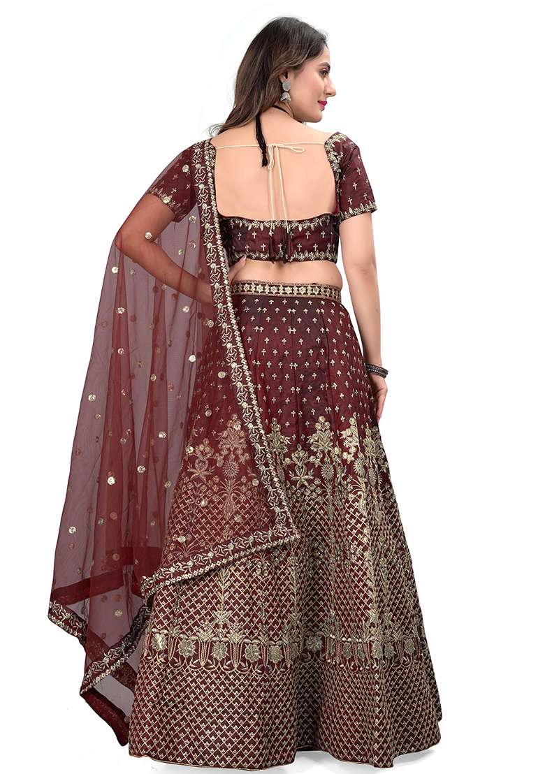 Maroon Taffeta Blend Satin Silk Lehenga Set with Embroidered for Diwali | Wedding & Festive Wear - Indya
