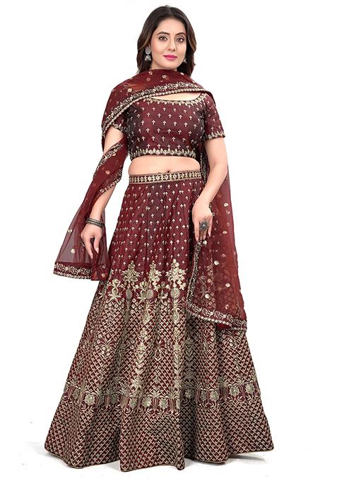 Maroon Embroidered Taffeta Satin Silk Lehenga Set