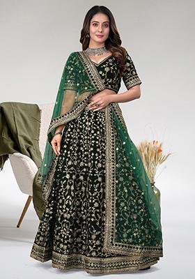 Green Embroidered Velvet Lehenga Set
