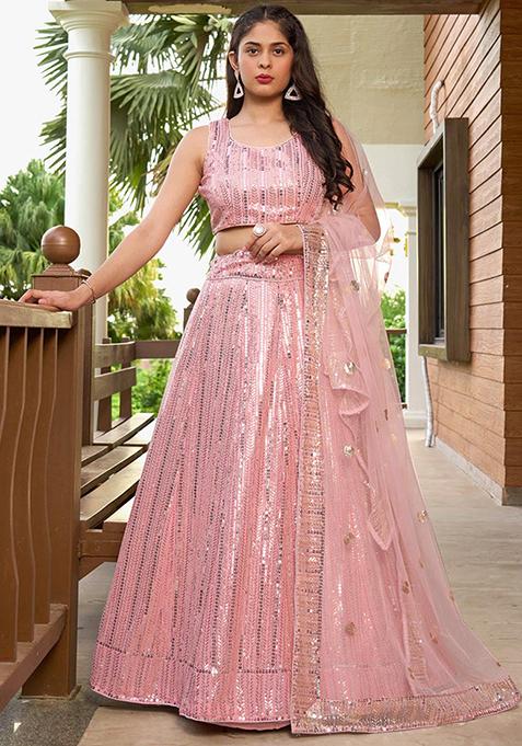 Pink Embroidered Georgette Lehenga Set