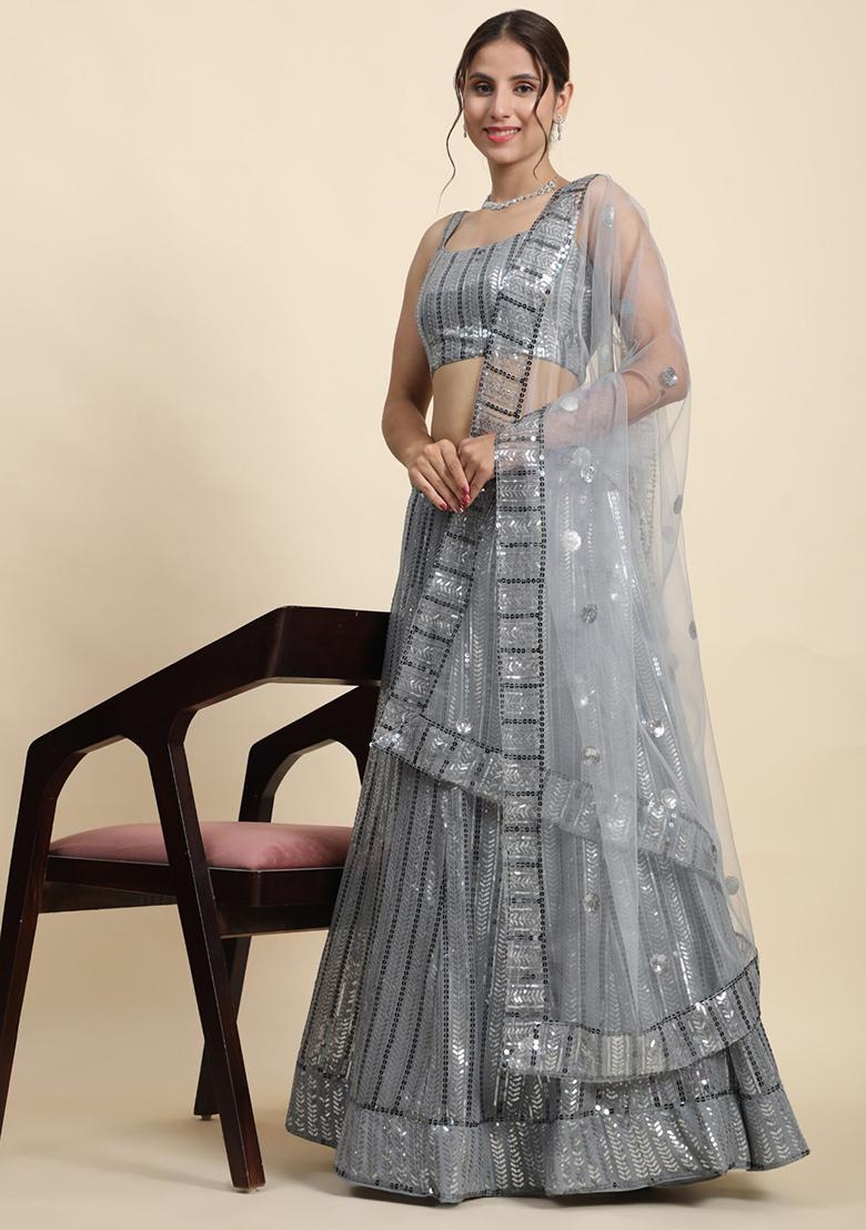 Grey Embroidered Georgette Lehenga Set