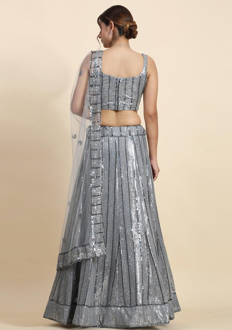 Grey Embroidered Georgette Lehenga Set