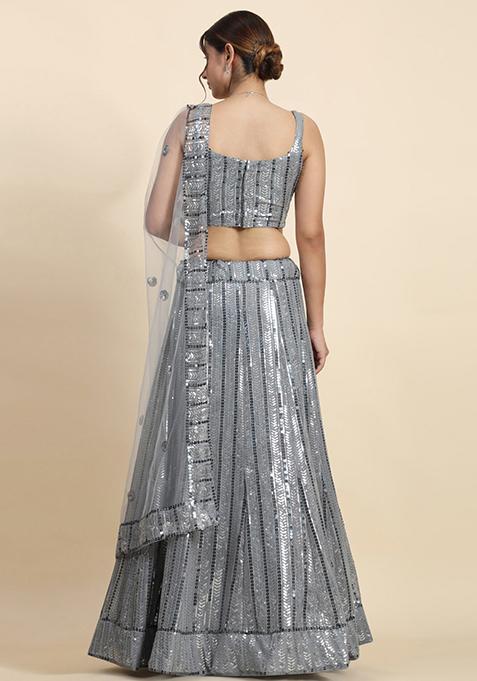 Grey Embroidered Georgette Lehenga Set
