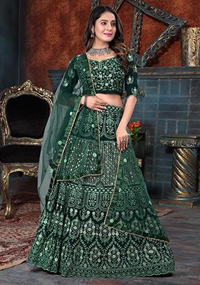 Green Embroidered Georgette Lehenga Set