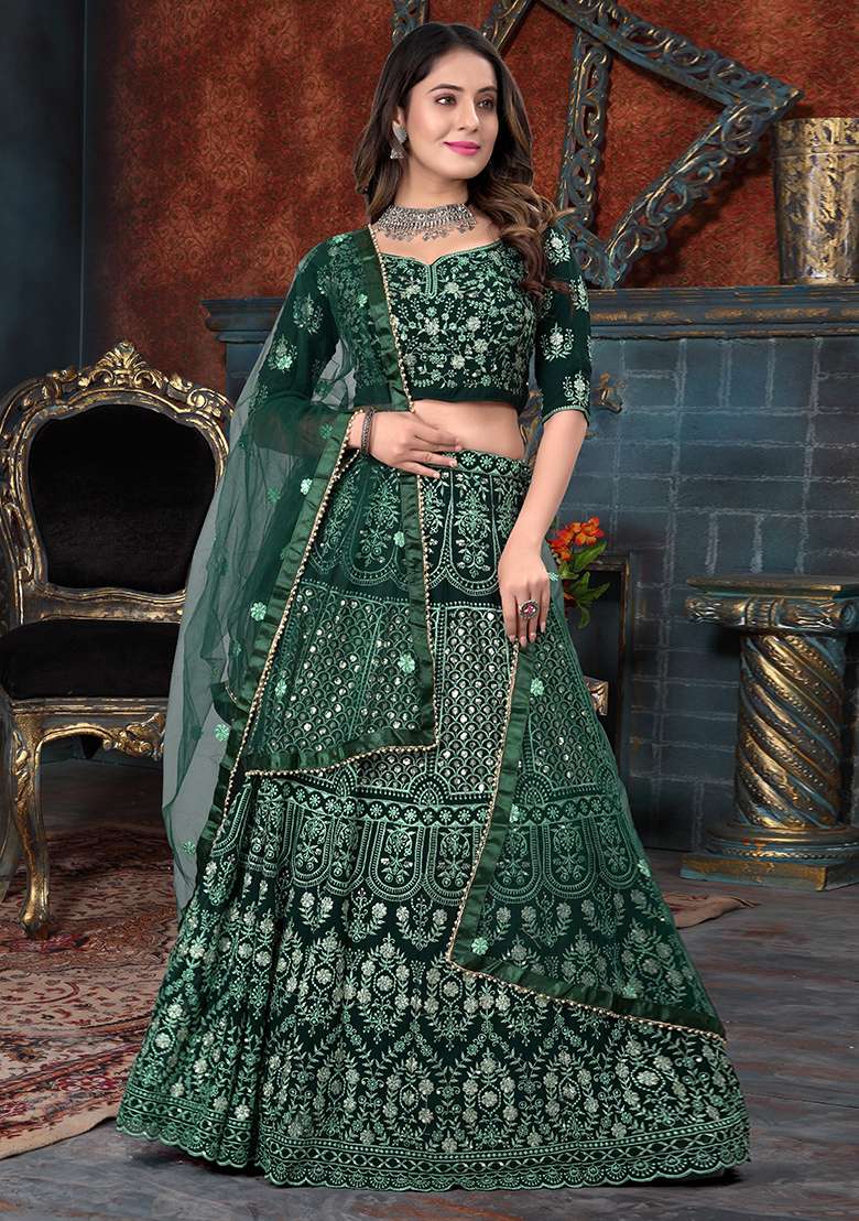 Green Embroidered Georgette Lehenga Set for Diwali and Festive Wear - Indya