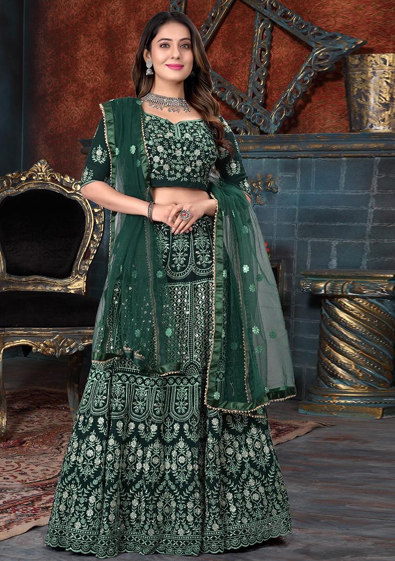 Green Embroidered Georgette Lehenga Set