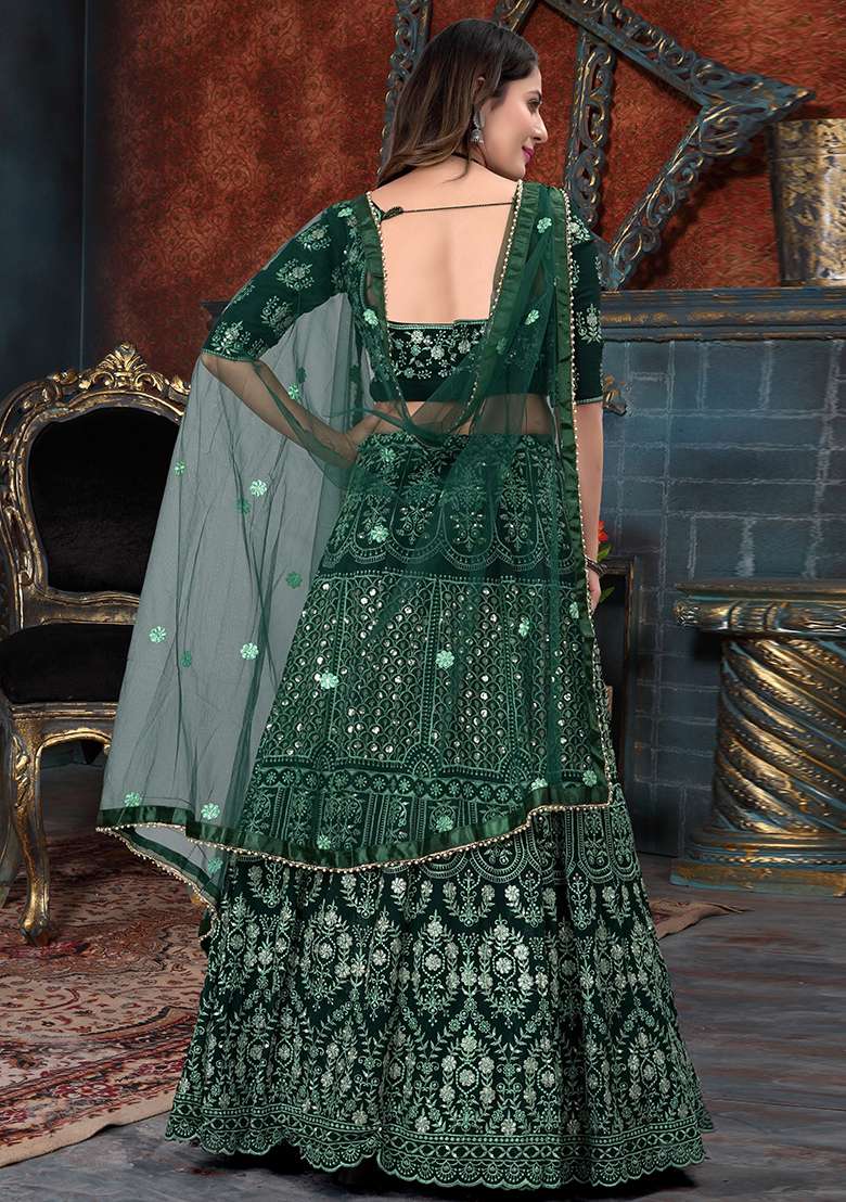 Green Embroidered Georgette Lehenga Set for Diwali and Festive Wear - Indya