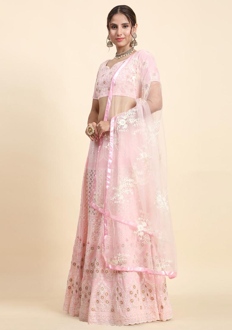 Pink Embroidered Georgette Lehenga Set