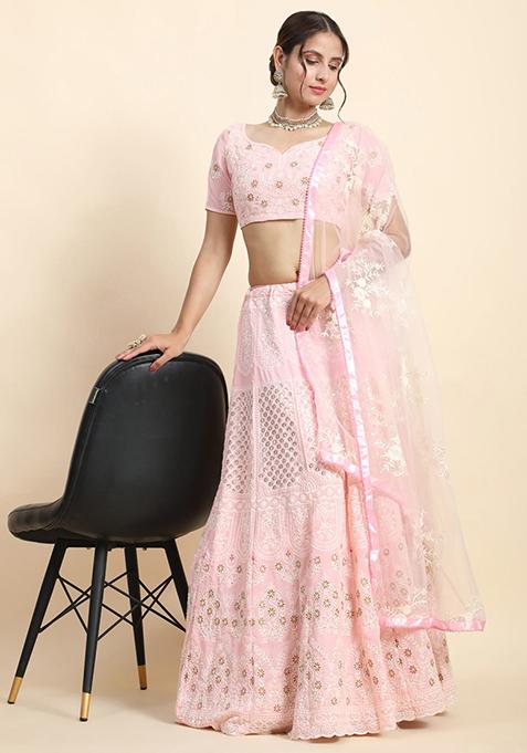 Pink Embroidered Georgette Lehenga Set
