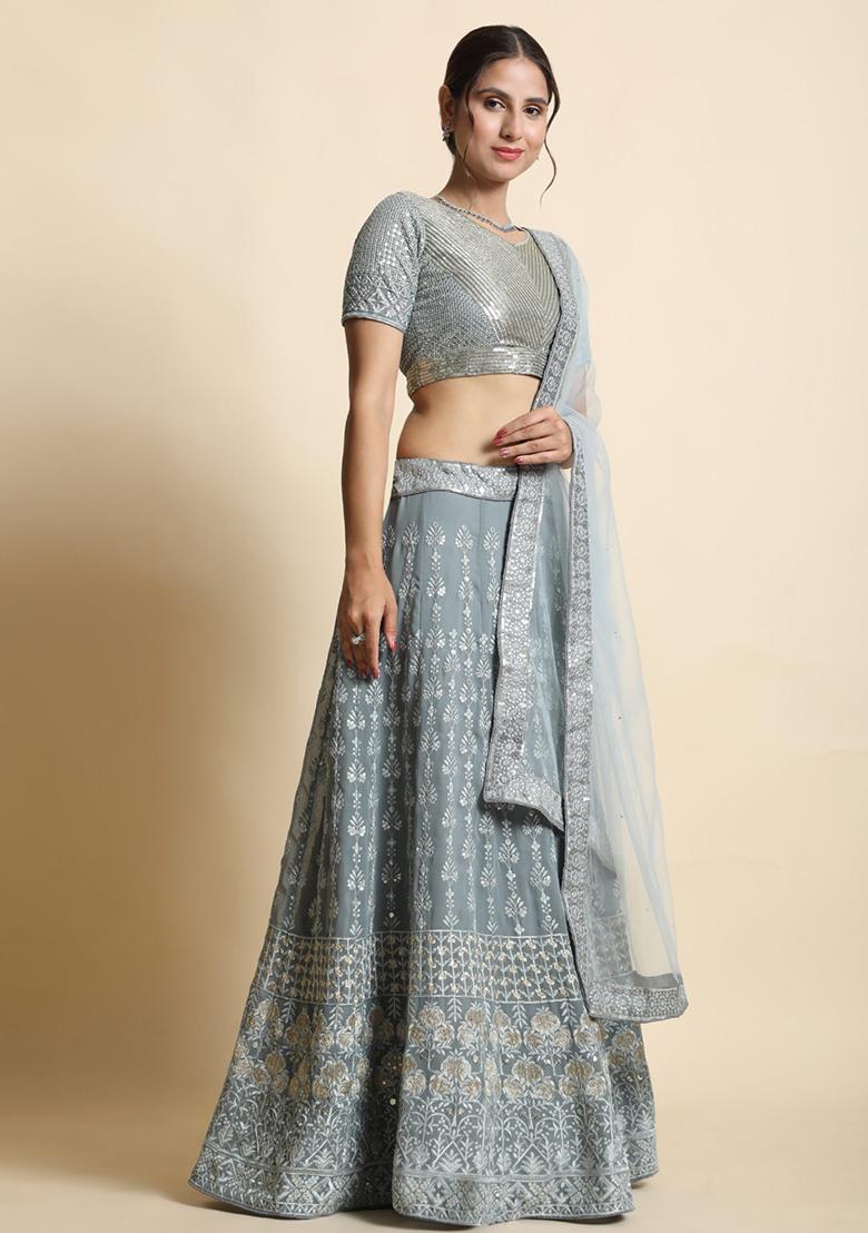 Grey Embroidered Faux Georgette Lehenga Set
