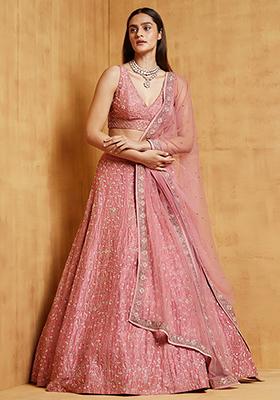 Baby Pink Embroidered Satin Silk Lehenga Set