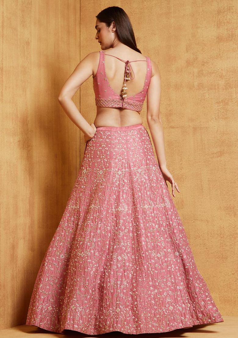 Baby Pink Embroidered Satin Silk Lehenga Set