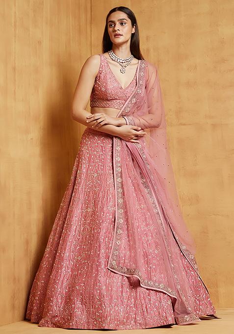 Baby Pink Embroidered Satin Silk Lehenga Set