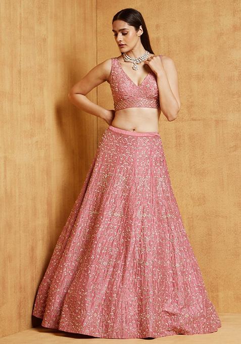 Baby Pink Embroidered Satin Silk Lehenga Set