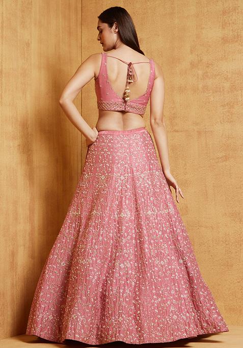 Baby Pink Embroidered Satin Silk Lehenga Set