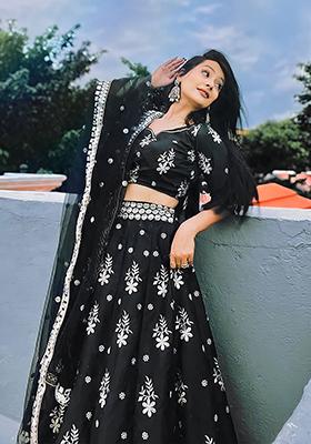 Black Embroidered Art Silk Lehenga Set