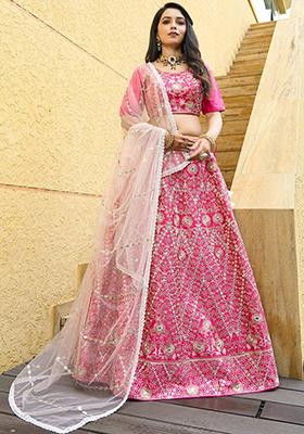 Gajri And Pink Embroidered Silk Lehenga Set