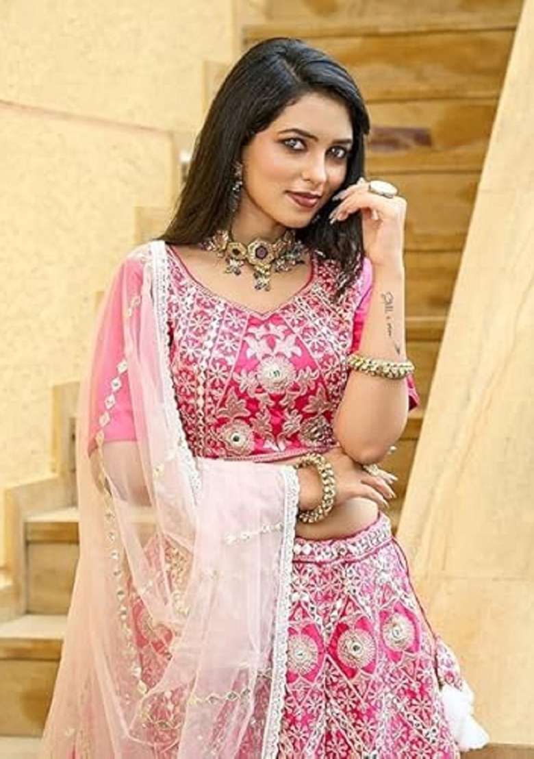 Gajri And Pink Silk Blend Lehenga Set with Embroidered for Diwali | Wedding & Festive Wear - Indya