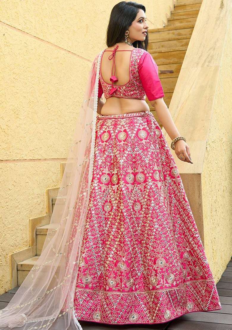Gajri And Pink Silk Blend Lehenga Set with Embroidered for Diwali | Wedding & Festive Wear - Indya