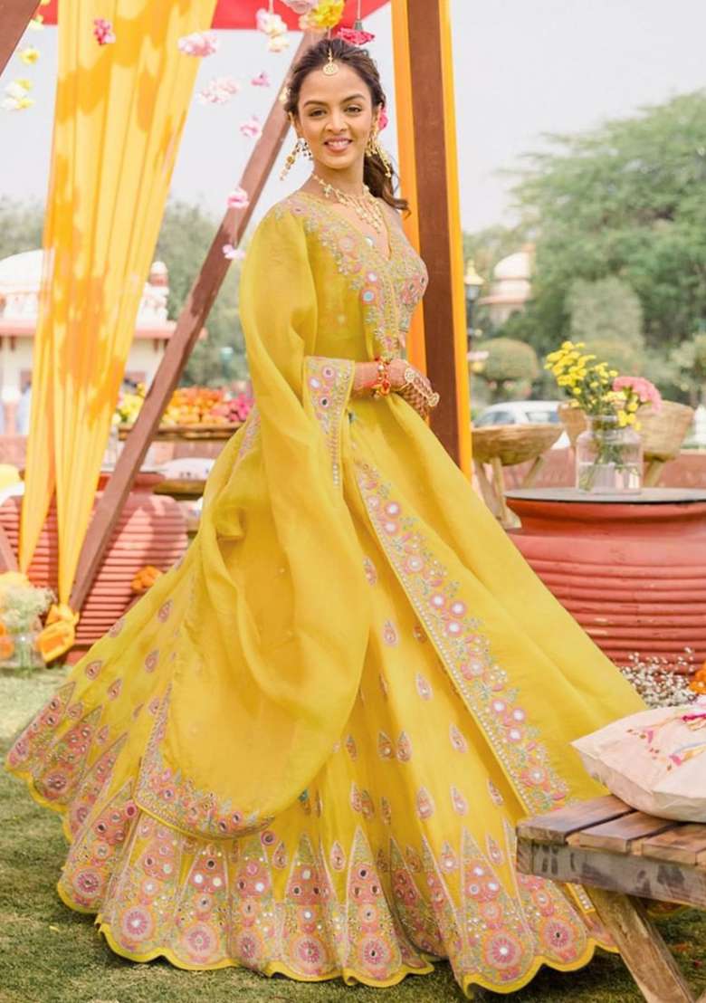 Yellow Georgette Lehenga Set with Embroidered for Diwali | Wedding & Festive Wear - Indya