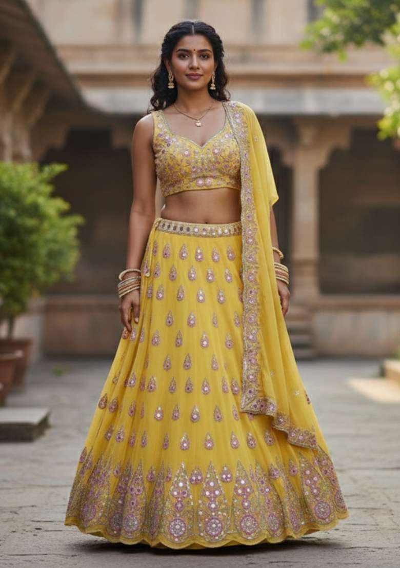 Yellow Georgette Lehenga Set with Embroidered for Diwali | Wedding & Festive Wear - Indya