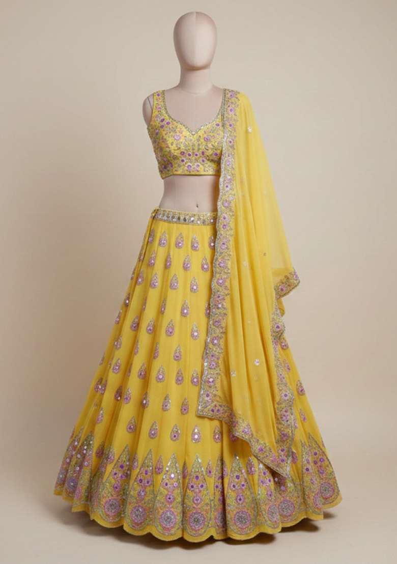 Yellow Georgette Lehenga Set with Embroidered for Diwali | Wedding & Festive Wear - Indya