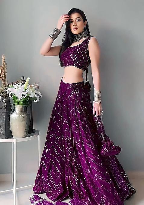 Wine Embroidered Faux Georgette Lehenga Set