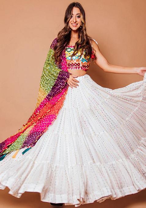 White Embroidered Georgette Lehenga Set — view on Indya