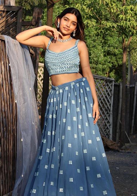 Blue Embroidered Faux Georgette Lehenga Set