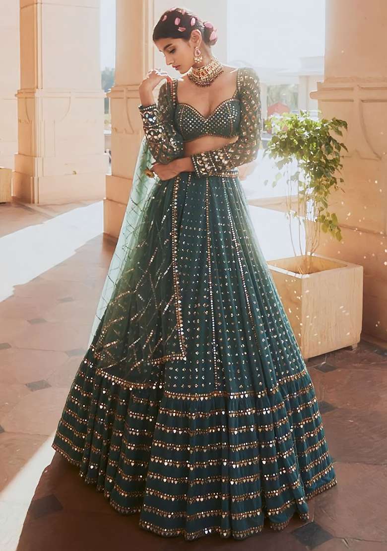 Bottle Green Embroidered Faux Georgette Lehenga Set for Diwali and Festive Wear - Indya