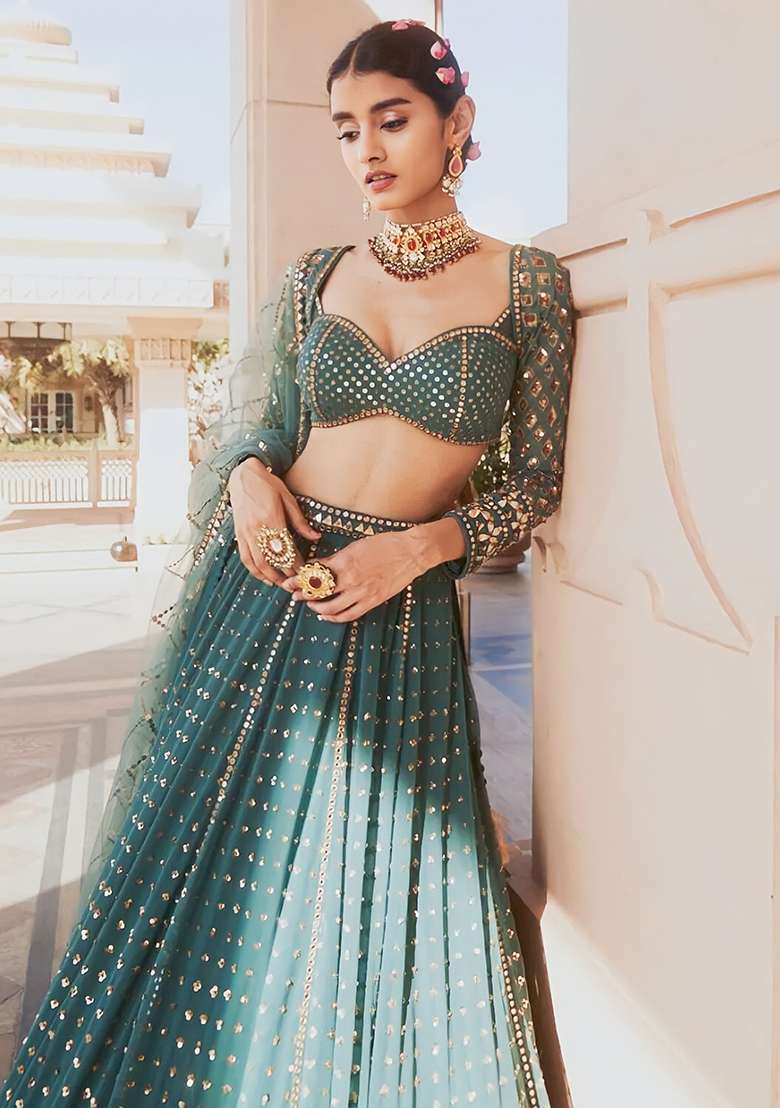 Bottle Green Embroidered Faux Georgette Lehenga Set for Diwali and Festive Wear - Indya