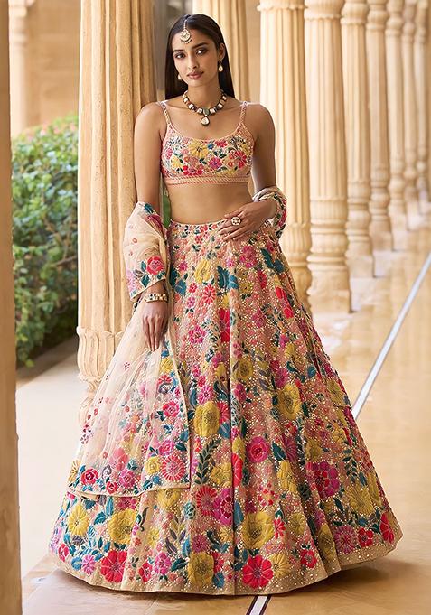 Chiku Brown Embroidered Georgette Lehenga Set