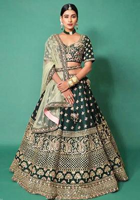 Dark Green Embroidered Satin Silk Lehenga Set