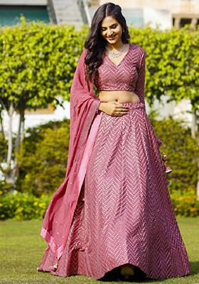 Metallic Pink Embroidered Faux Georgette Lehenga Set