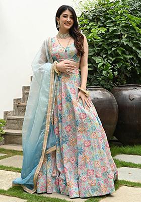 Multicolor Embroidered Malai Silk Lehenga Set