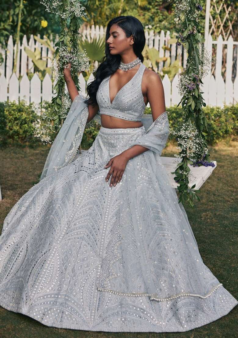 Steel Grey Banglori Silk Lehenga Set with Embroidered for Diwali | Wedding & Festive Wear - Indya