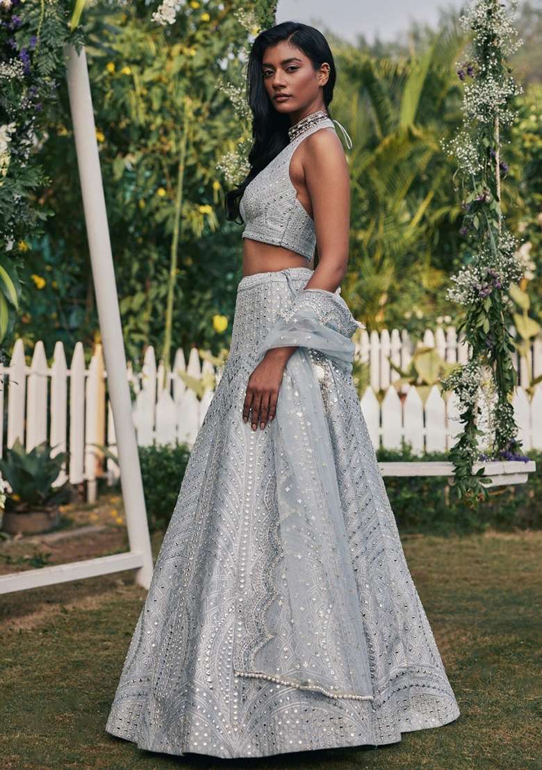 Steel Grey Banglori Silk Lehenga Set with Embroidered for Diwali | Wedding & Festive Wear - Indya