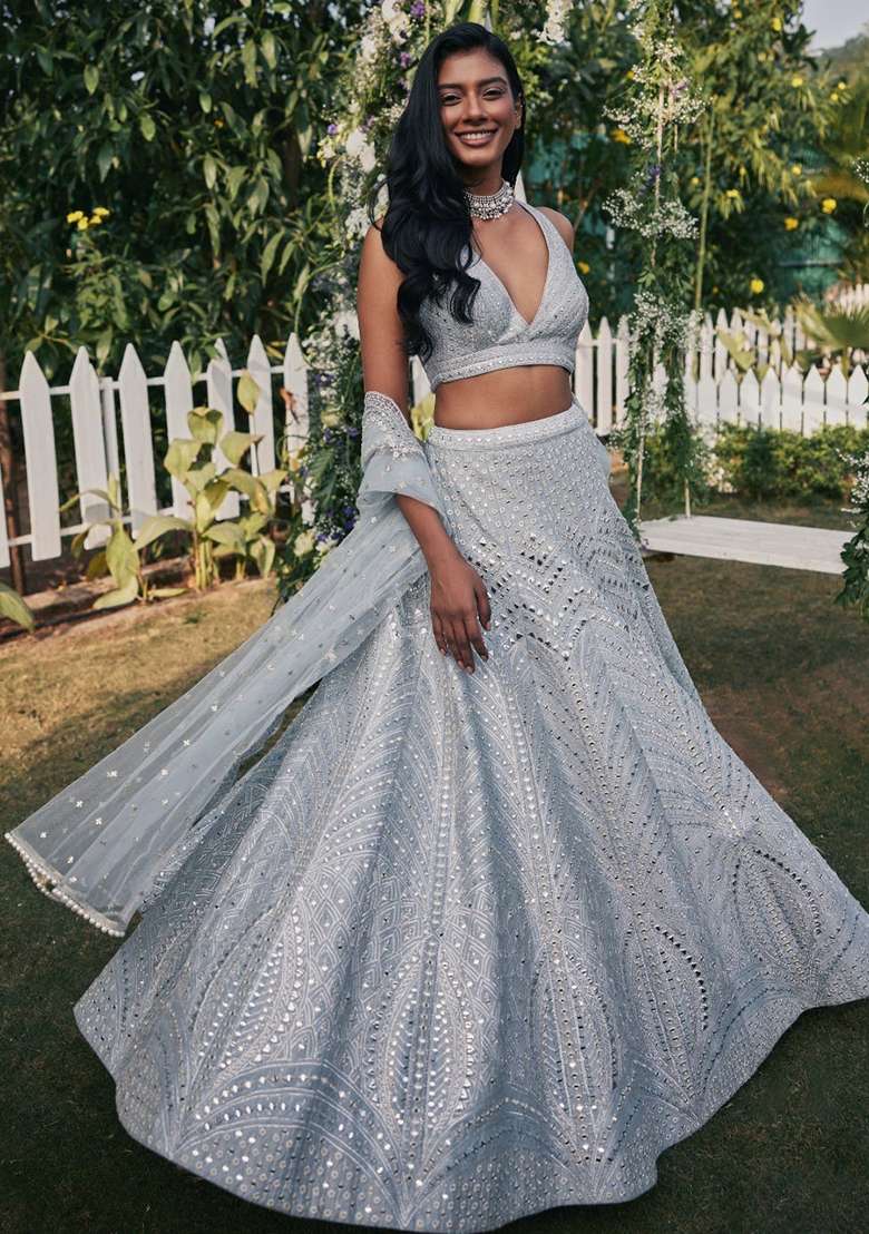 Steel Grey Banglori Silk Lehenga Set with Embroidered for Diwali | Wedding & Festive Wear - Indya