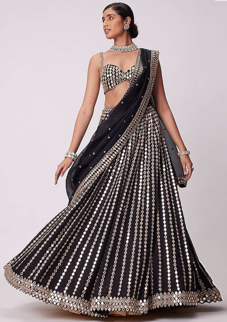 Black Embroidered Organza Lehenga Set for Diwali and Festive Wear - Indya