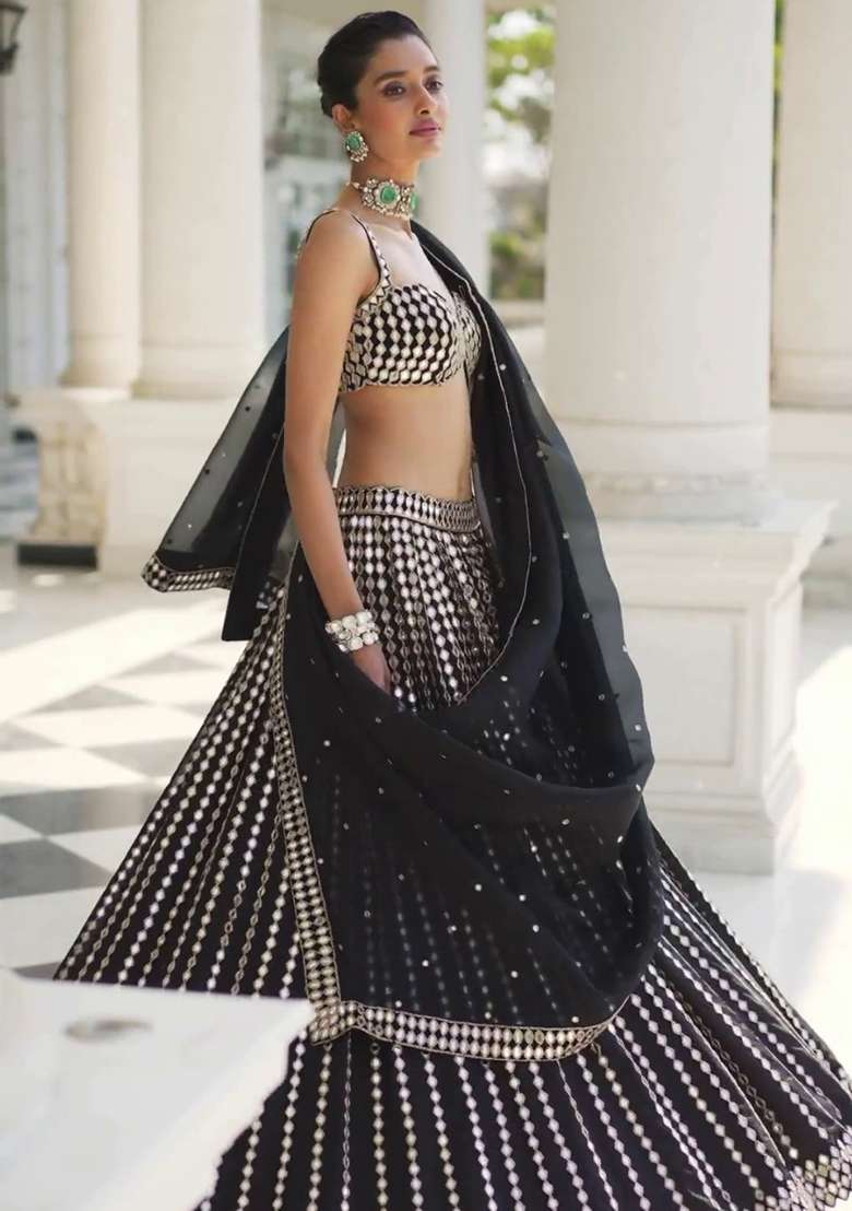 Black Embroidered Organza Lehenga Set for Diwali and Festive Wear - Indya