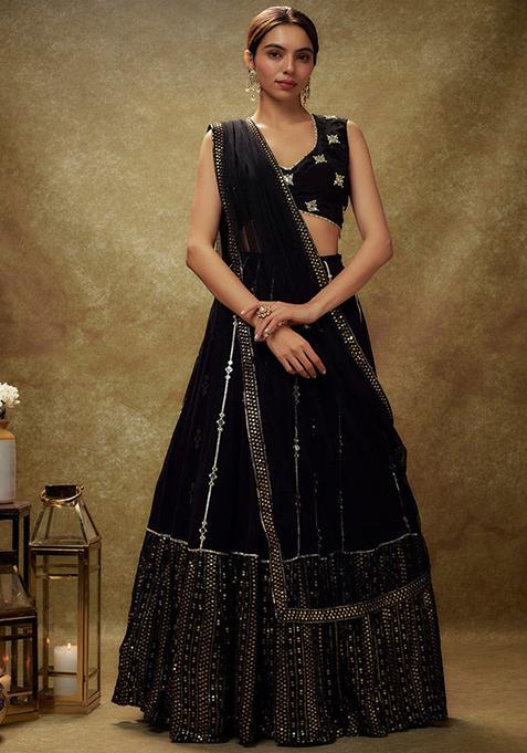 Black Embroidered Georgette Lehenga Set