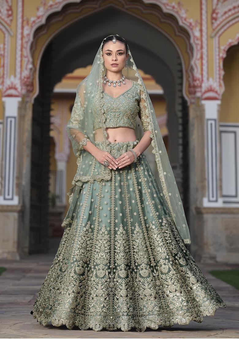 Sky Blue Zari Thread Embroidered Net Lehenga Set