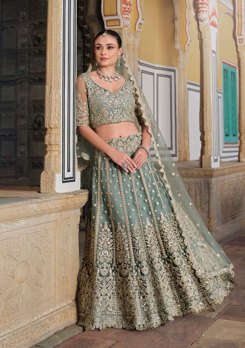 Sky Blue Zari Thread Embroidered Net Lehenga Set for Diwali and Festive Wear - Indya