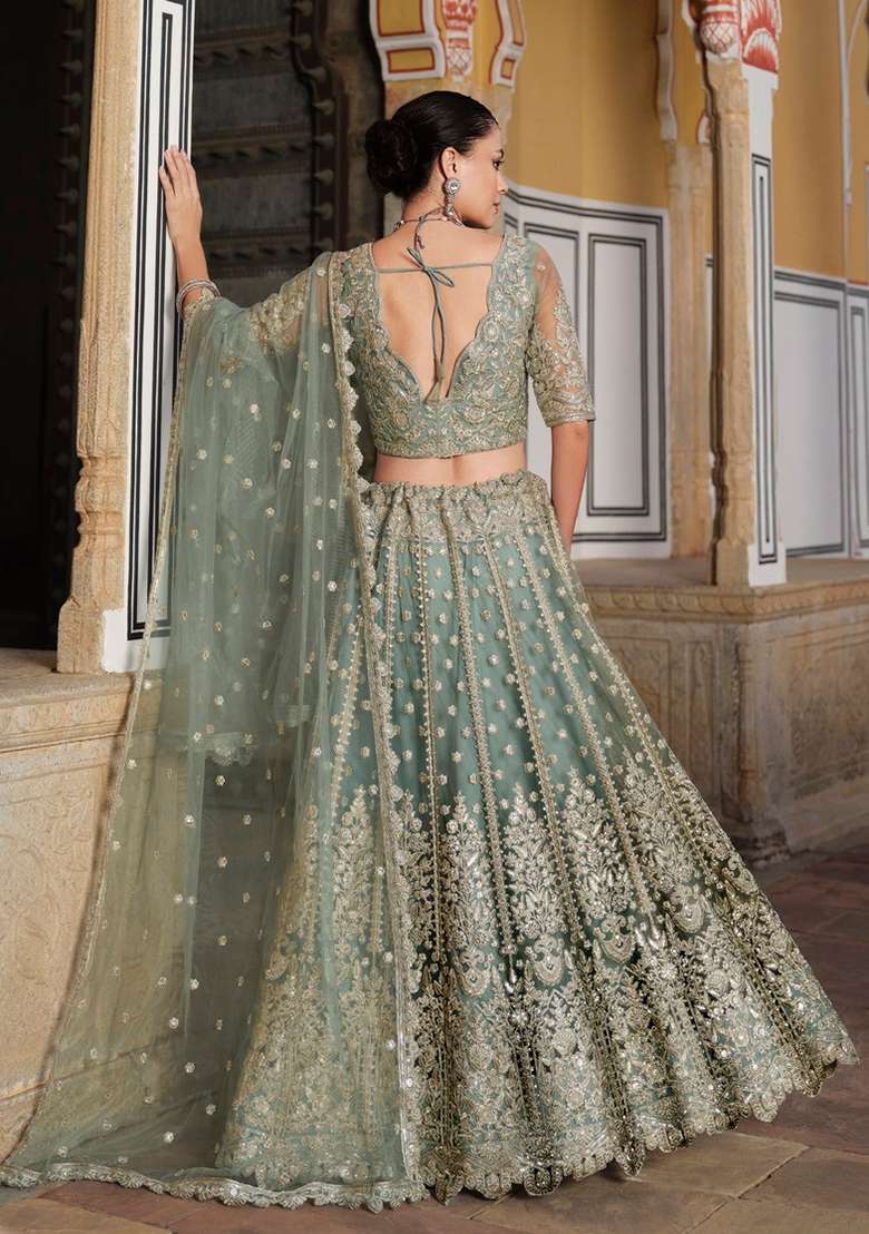 Sky Blue Zari Thread Embroidered Net Lehenga Set for Diwali and Festive Wear - Indya