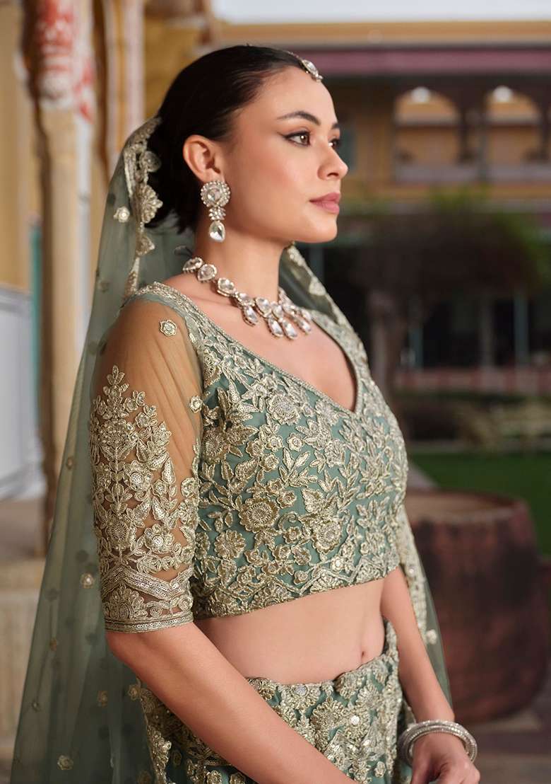 Sky Blue Zari Thread Embroidered Net Lehenga Set for Diwali and Festive Wear - Indya
