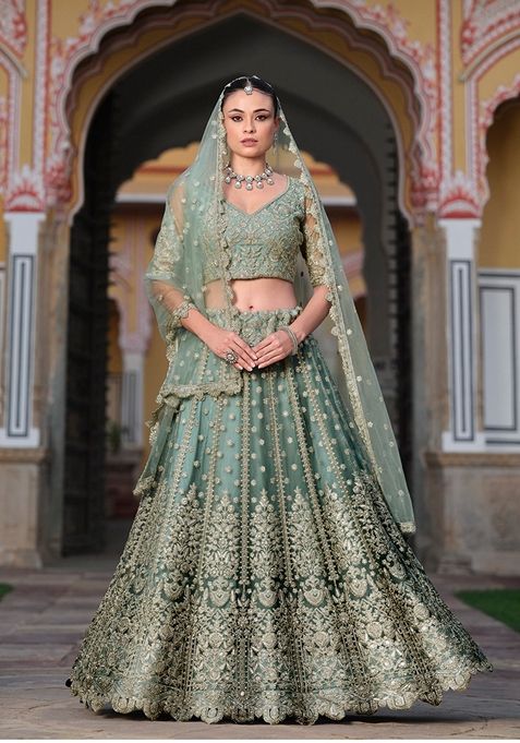 Sky Blue Zari Thread Embroidered Net Lehenga Set