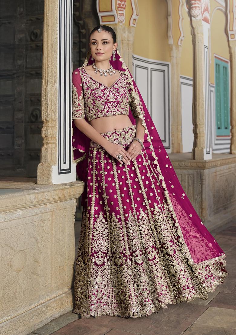 Rani Pink Zari Thread Embroidered Net Lehenga Set