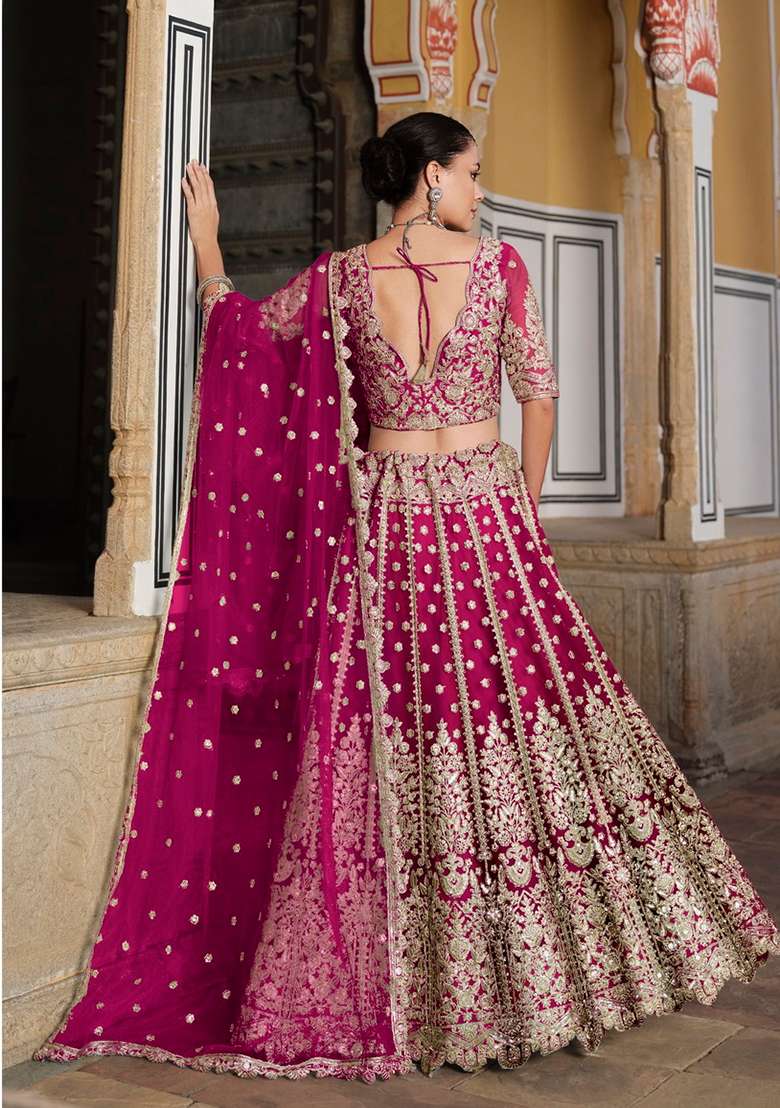 Rani Pink Zari Thread Embroidered Net Lehenga Set for Diwali and Festive Wear - Indya