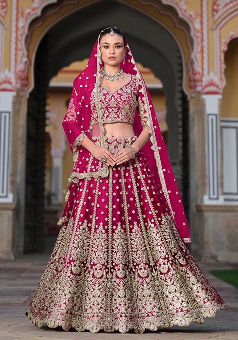 Rani Pink Zari Thread Embroidered Net Lehenga Set