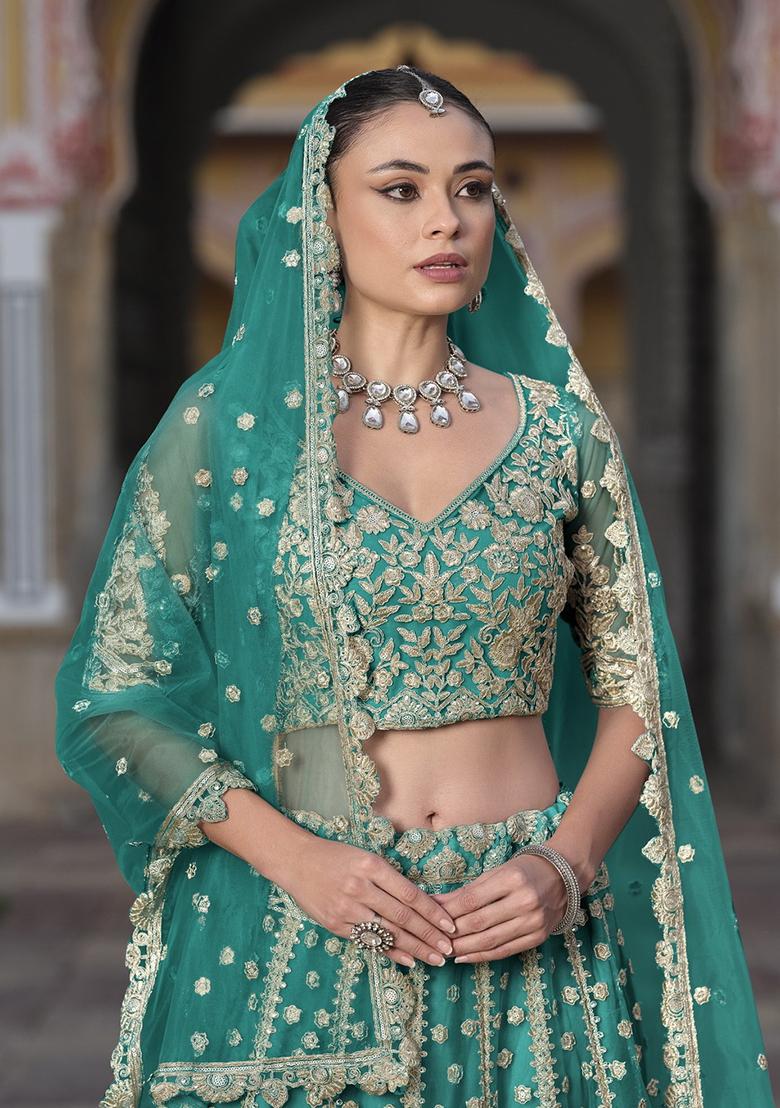Teal Green Zari Thread Embroidered Net Lehenga Set